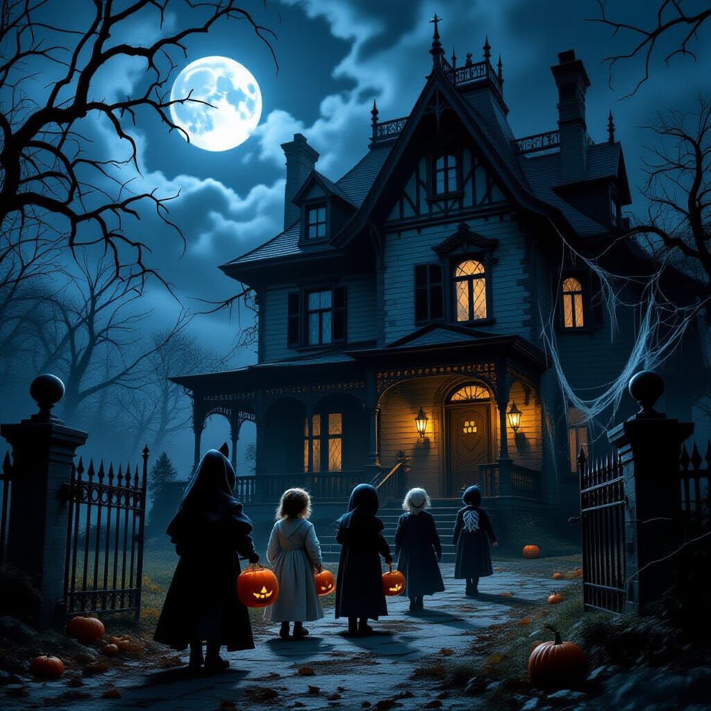 Macabre Halloween Scene: Twisted Costumes at Gothic House