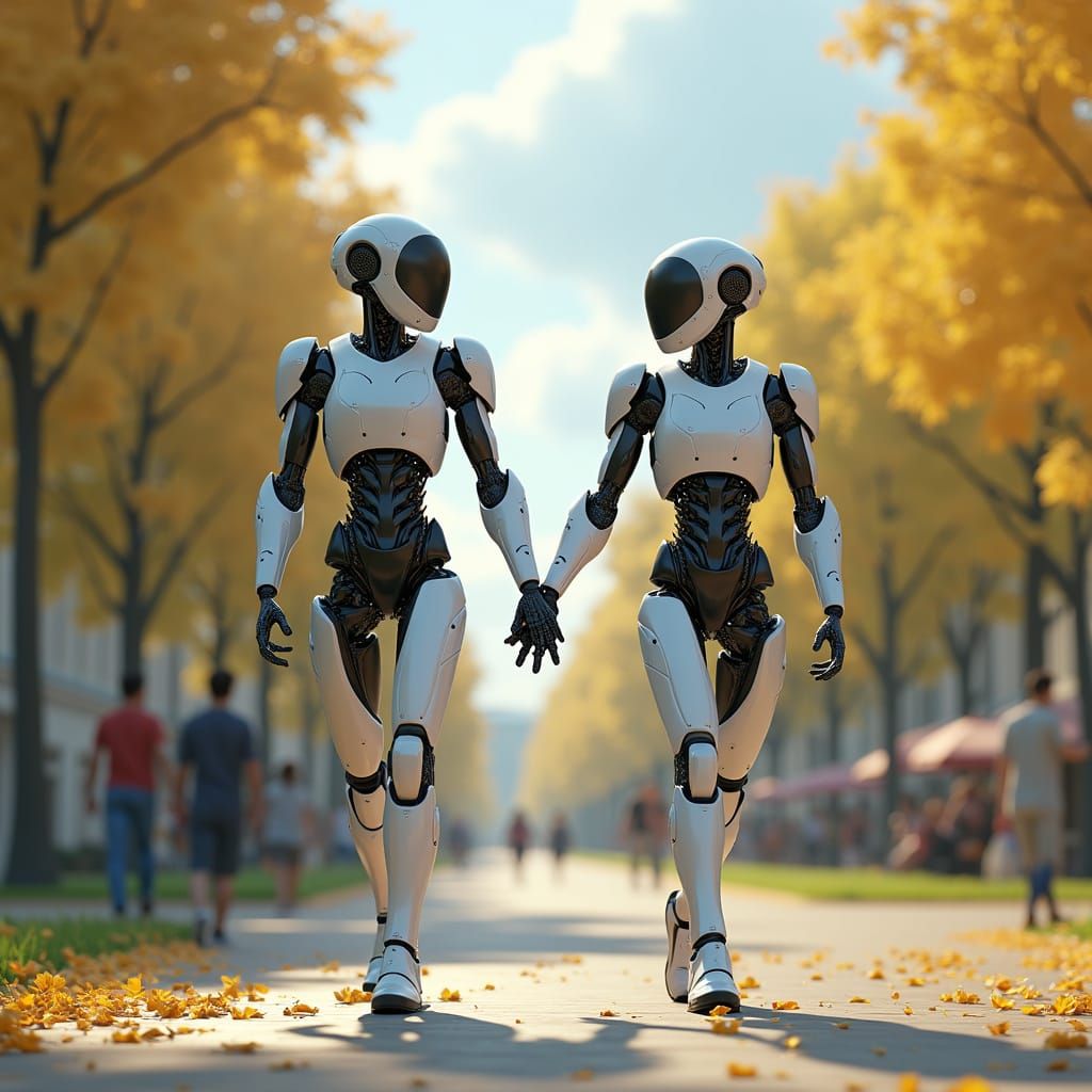 Cyborg Lovers Stroll in Urban Oasis