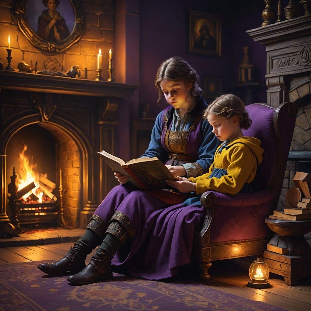 Mother and Child Reading: Dark Fantasy Concept Art