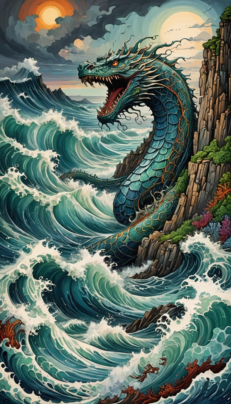 Majestic Sea Serpent Art Brut Illustration