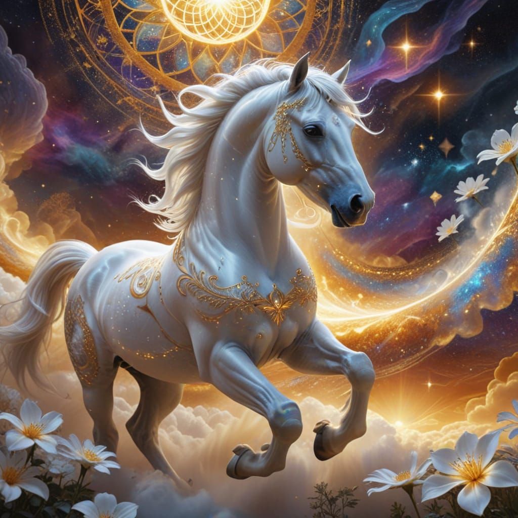 Heavenly White Horse Dancing on Time's Fabric
