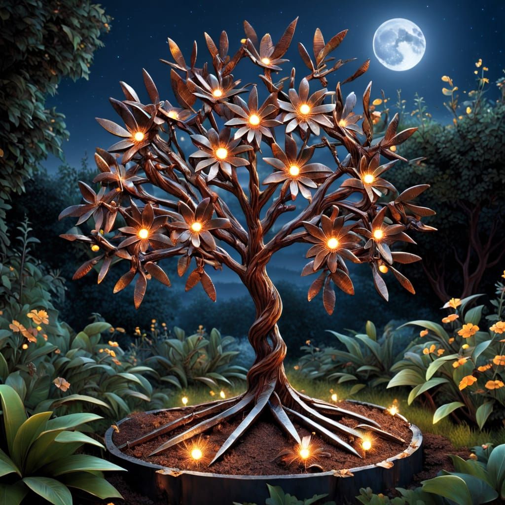 Metallic Garden: Tree of Metal Plates Under Moonlight