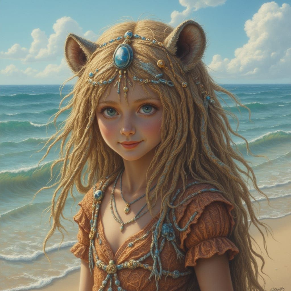 Girl and Tiger at the Beach in Dark Voodoo Style