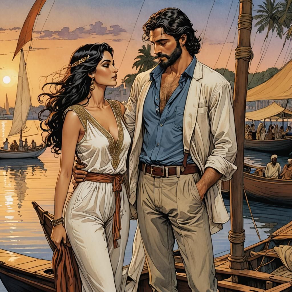 Romantic Nile Sunset in Bande Dessinés Style