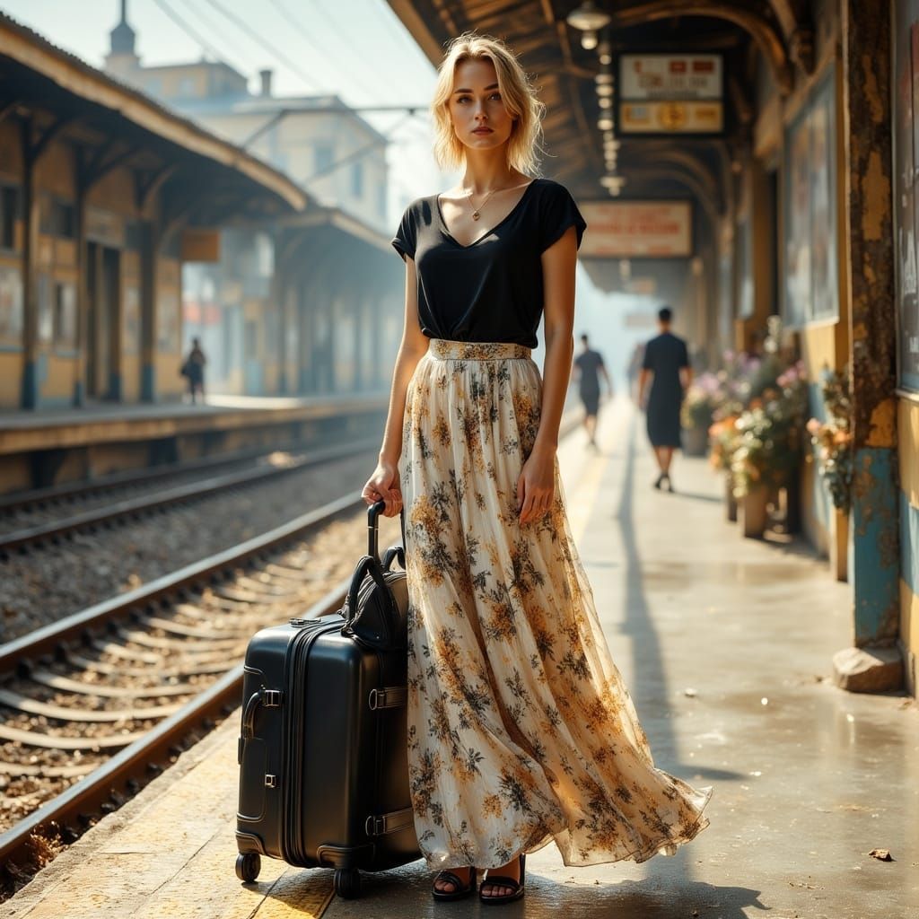 Woman with Floral Skirt on Train Platform