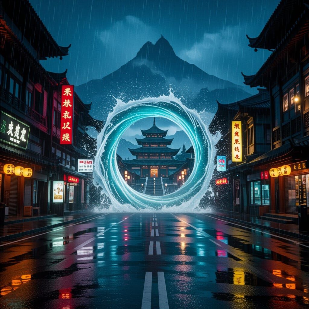 Urban Vortex: Ancient Temple Emerges in Cityscape