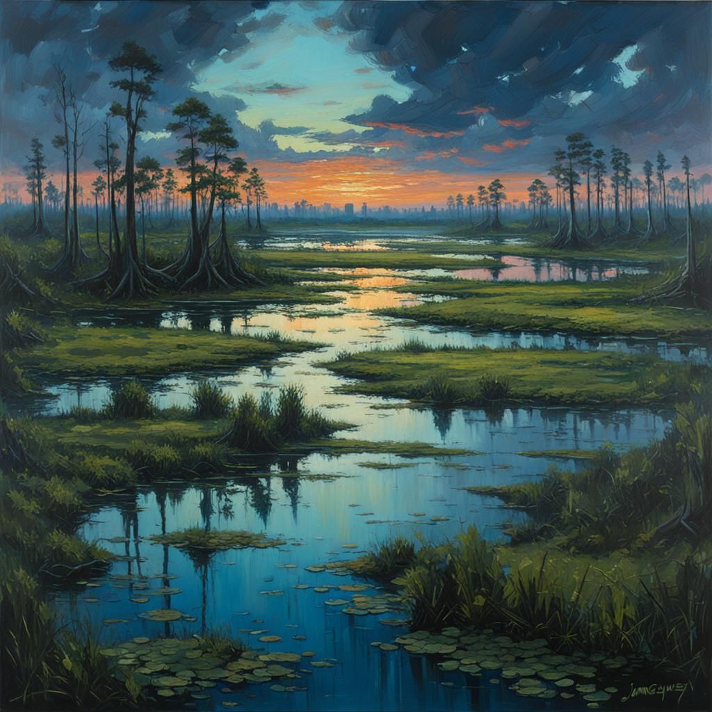Twilight City Meets Vast Swamp Landscape