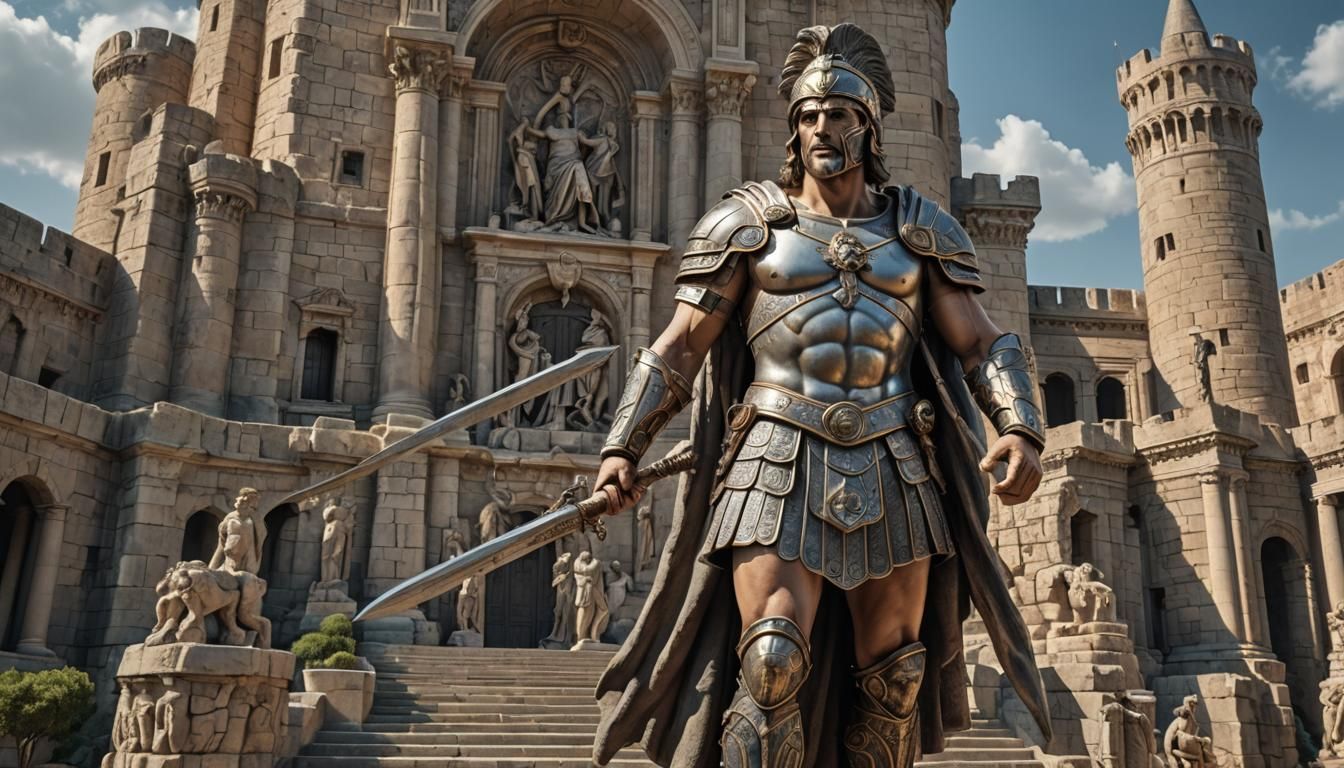 Colossal Roman Warrior Guards Vast Castle in 3D