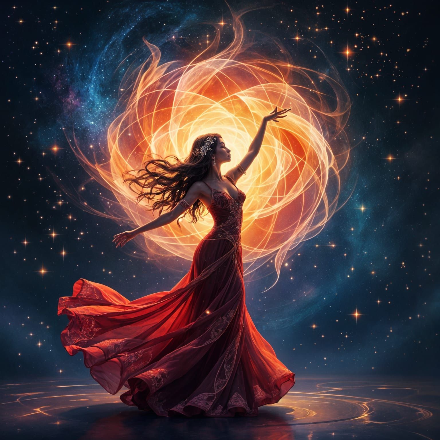 Ember Veil Rose: Cosmic Holographic Illustration