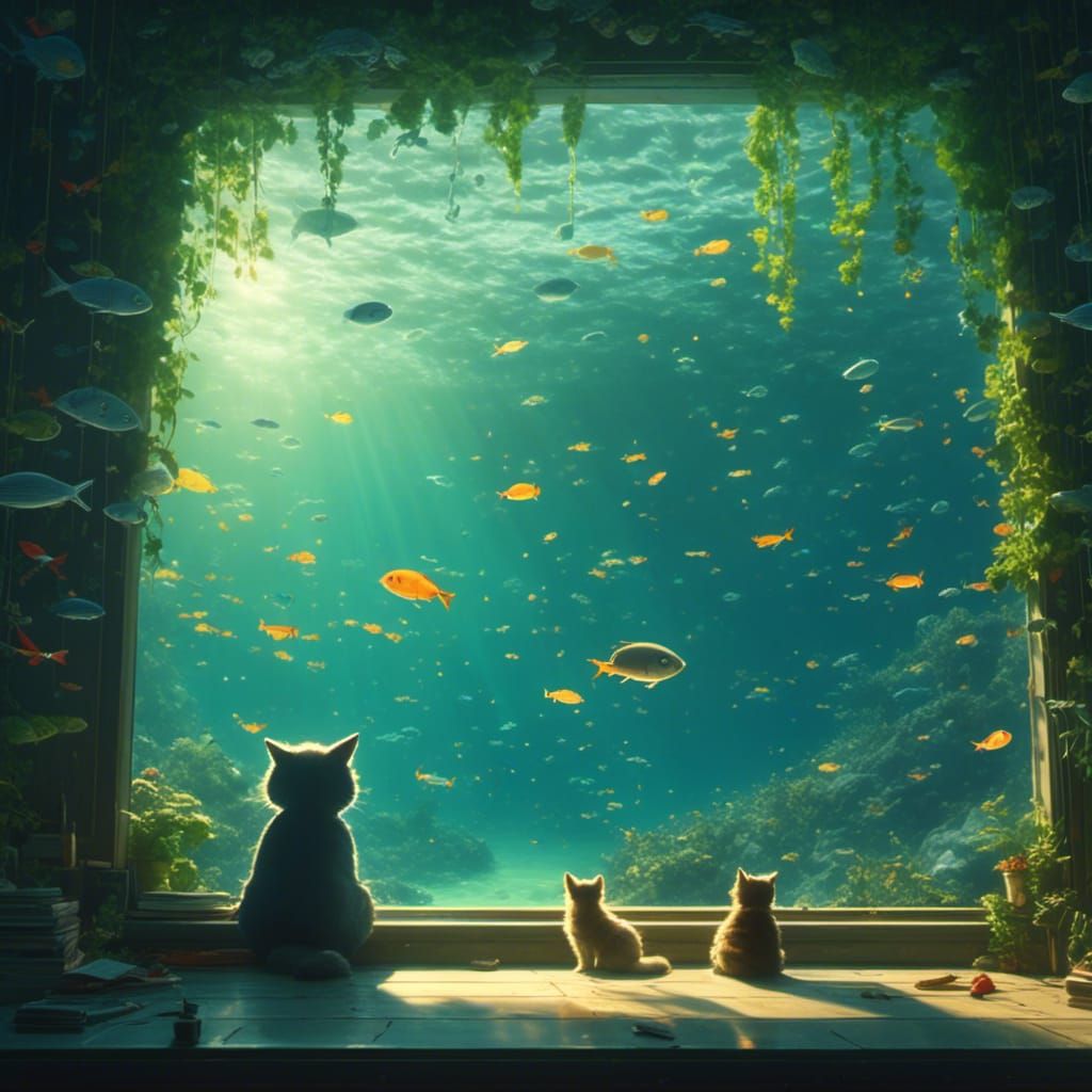 Green Cat Sleeping in Blue Sea Ghibli Style
