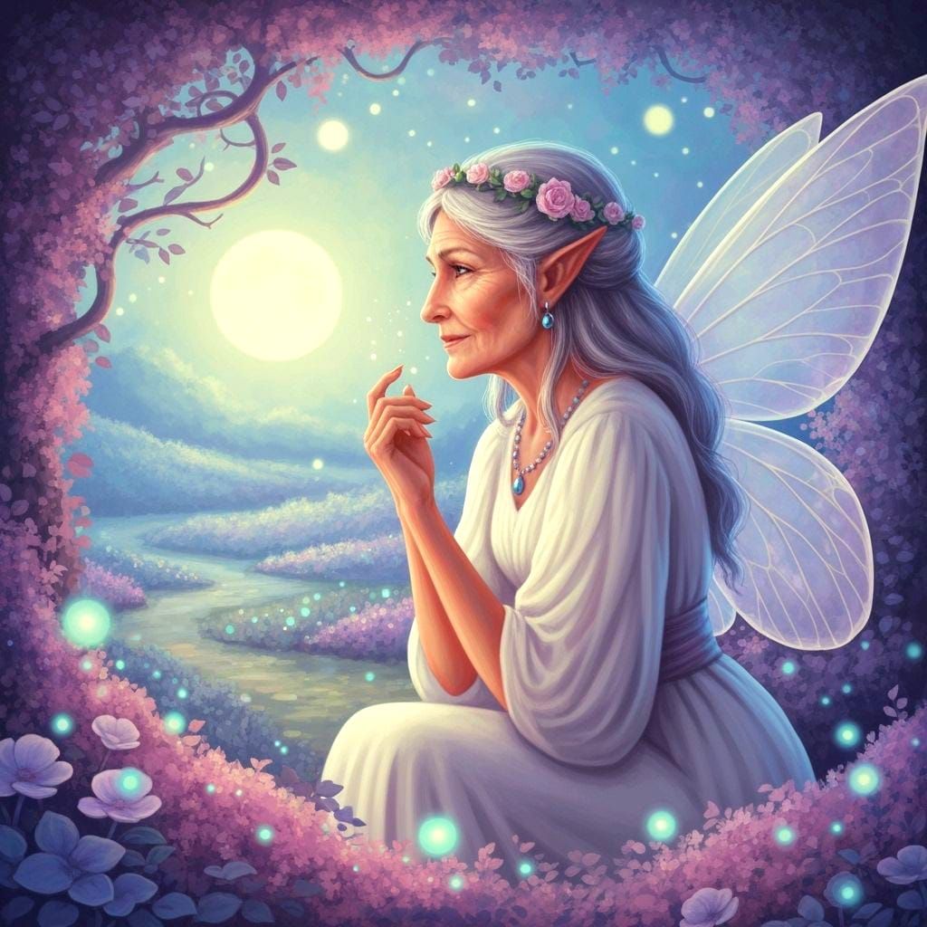 Thoughtful Old Fairy Gazing at Moonlit Valley