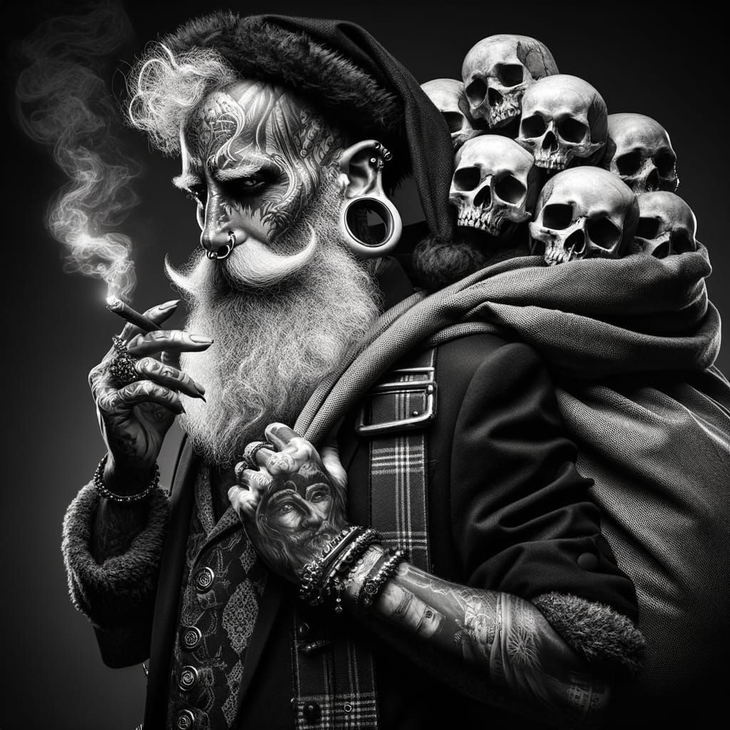 Dark Santa Claus with Skulls and Tattoos