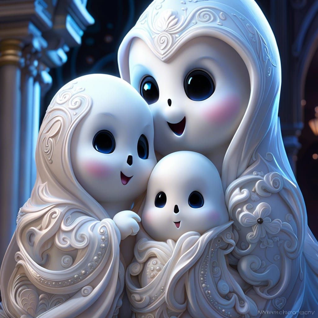 Adorable Snuggling Ghosts in Bright Fantasy Style