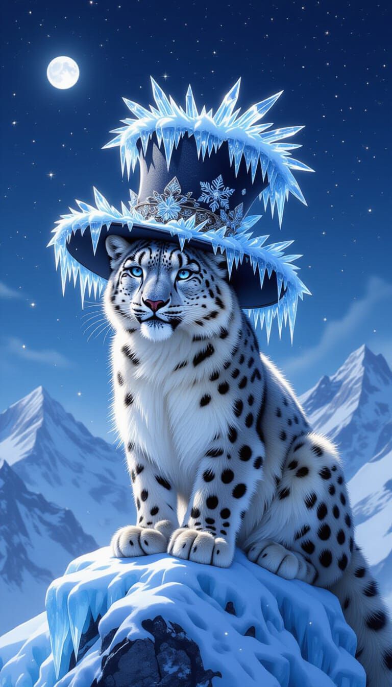 Snow Leopard with Frozen Waterfall Hat on Mountain Peak