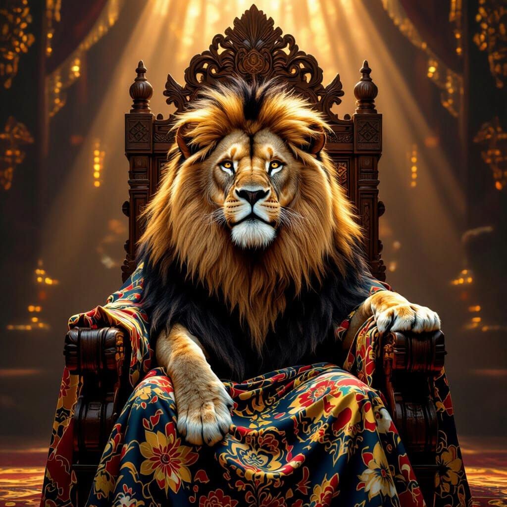 Lion with Balinese Batik Mane on Teakwood Throne