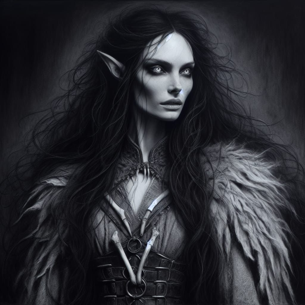 Eerie Elven Woman in Charcoal Drawing