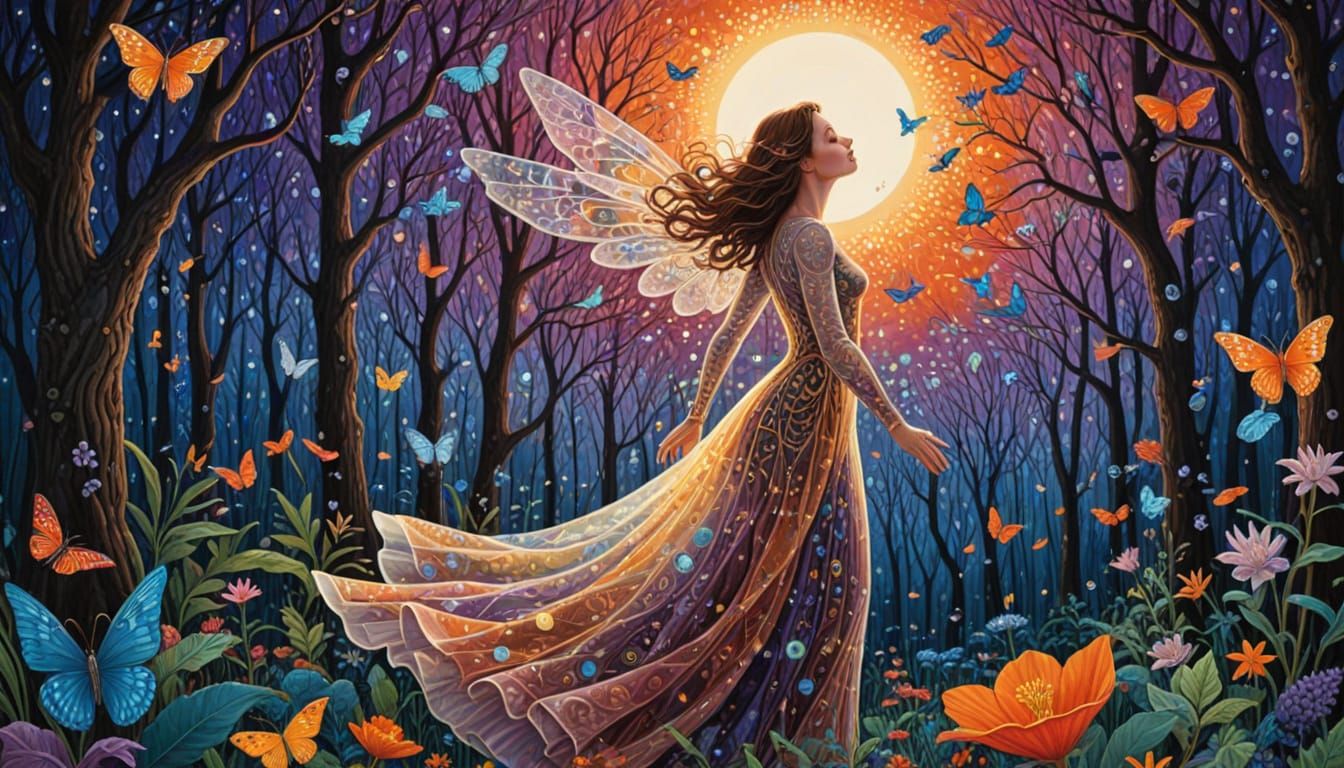 Ethereal Woman Amidst Cosmic Energy and Bioluminescent Flora