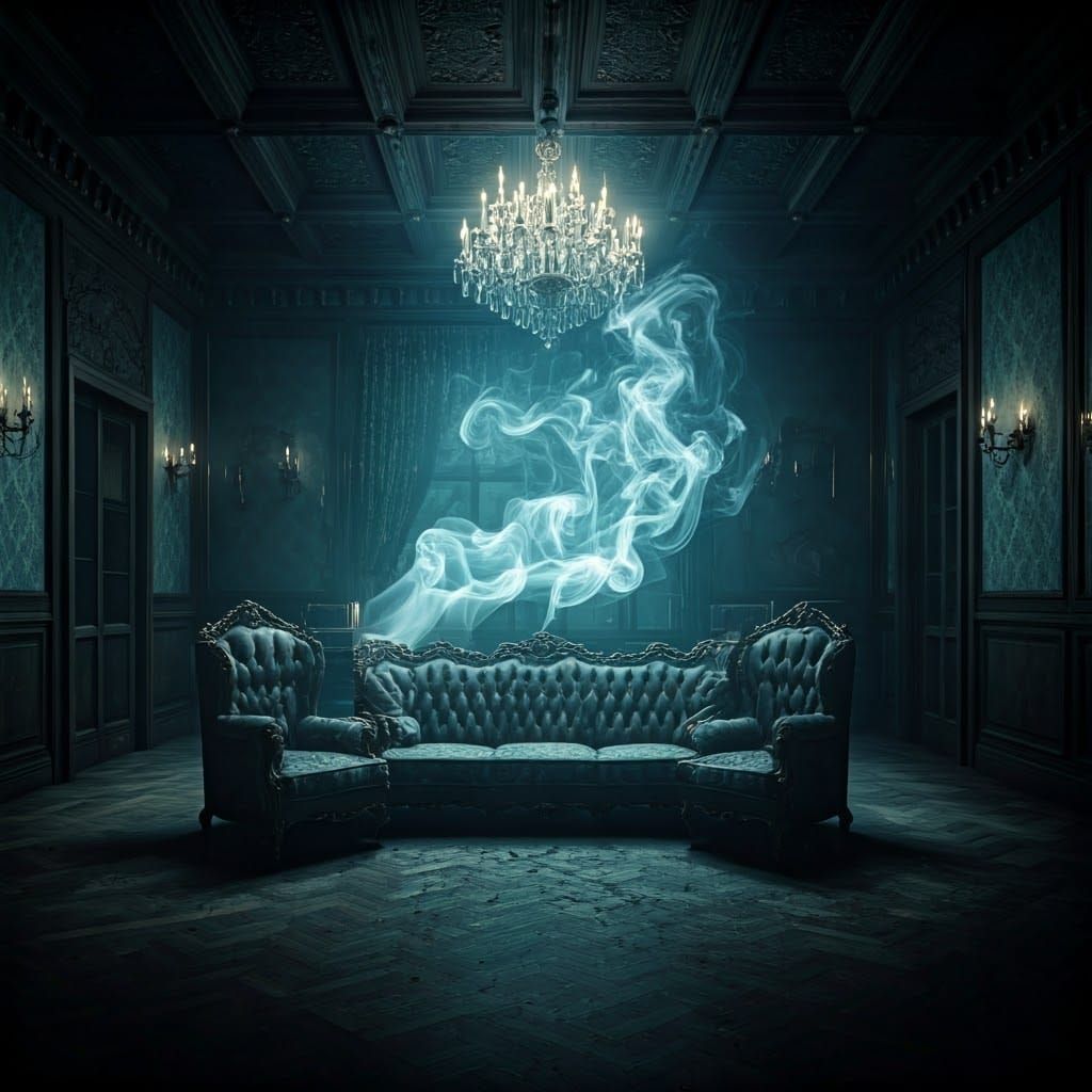 Haunted Smoky Living Room in Dark Surrealism Style