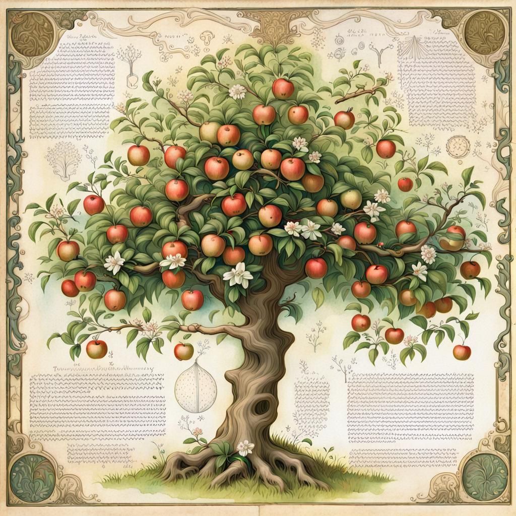 Magical Manuscript Page Featuring Apple Tree Illustration