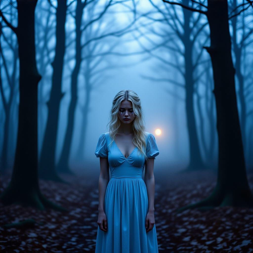 Weary Woman in Misty Forest at Twilight