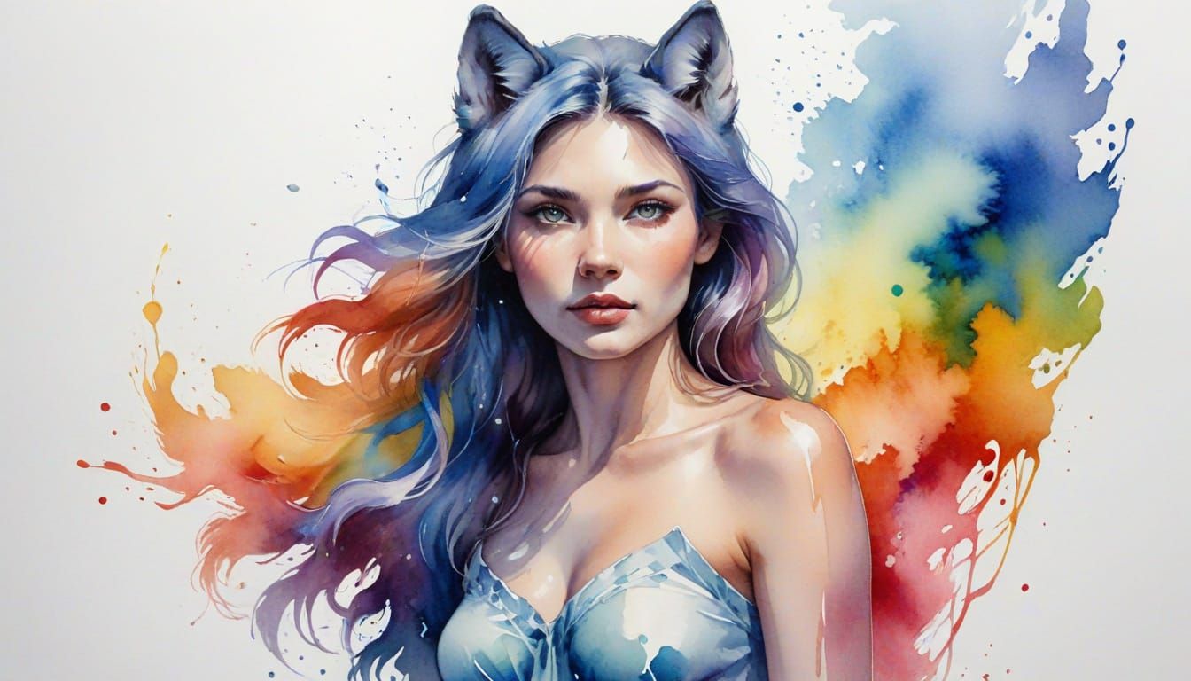 Hybrid Wolf Woman in Vibrant Watercolor Wind