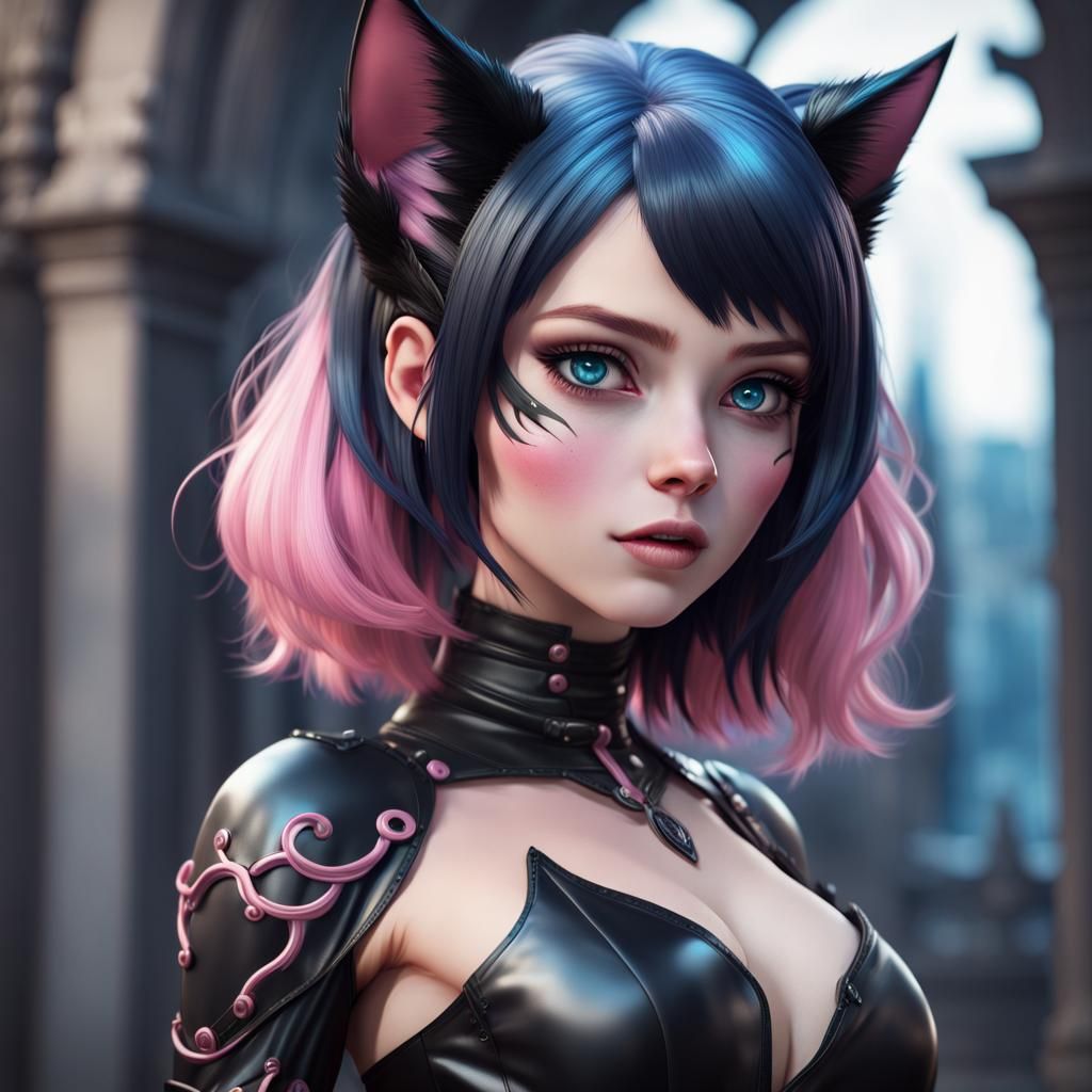 Cute Gothic Anime Cat-Girl with Pink Hair