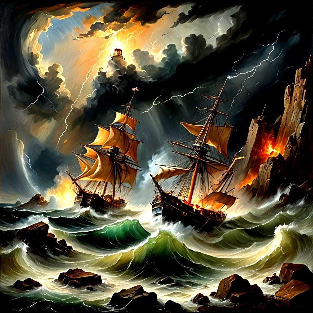 Lighthouse on Thunder Rock During a Storm