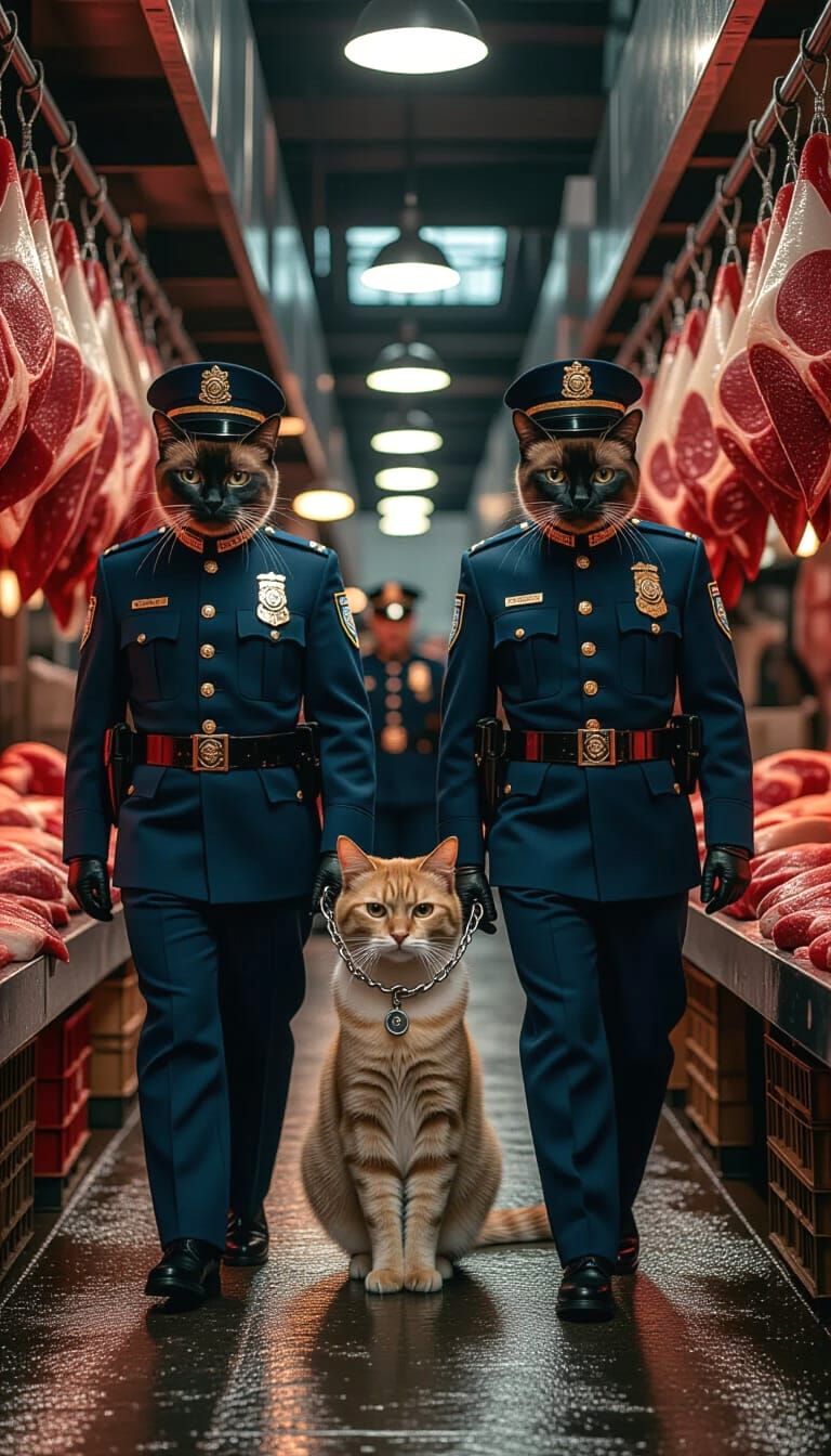 Siamese Cat Police Escort Ginger Cat: Photorealistic 4K