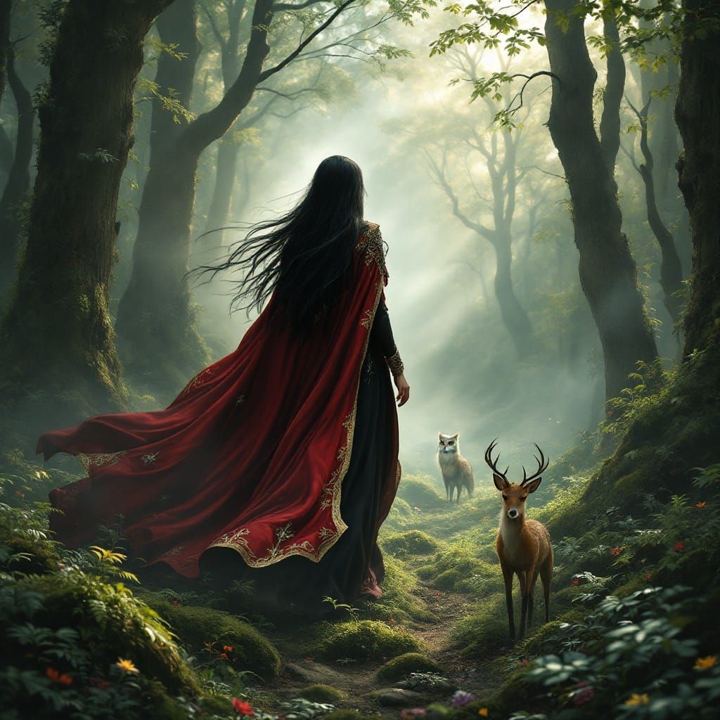 Ethereal Witch Emerges from Enchanted Forest in Crimson Cloa...