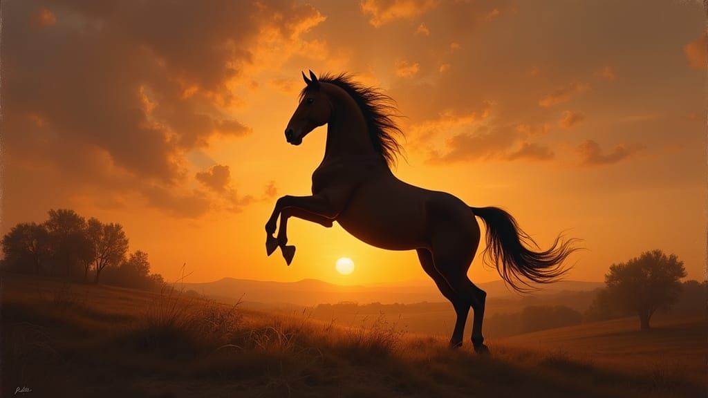 Horse Rearing at Sunset in Classical Style
