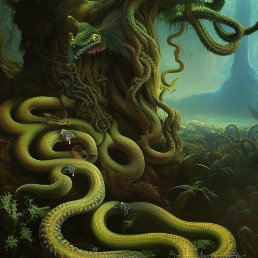 Mythical Gorgon in Wild Jungle, Hyperrealistic Painting