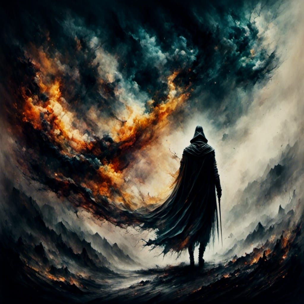 Lonely Traveler in Burning Battlefield: Watercolour Art