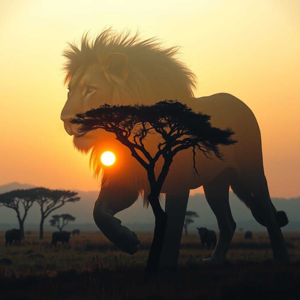 Lion Silhouette Double Exposure: Savannah Sunset