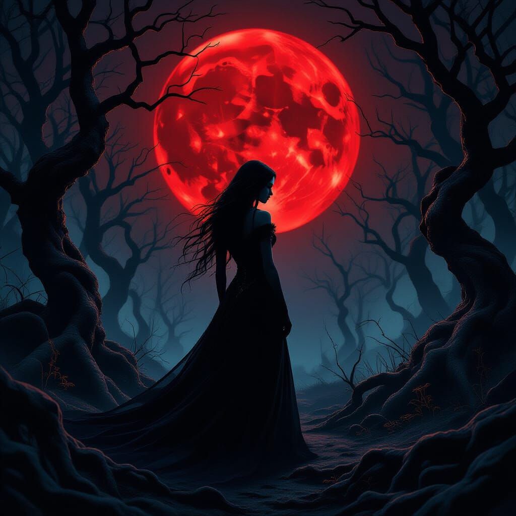 Eerie Forest Woman in Blood Moonlight, Gothic Surrealism
