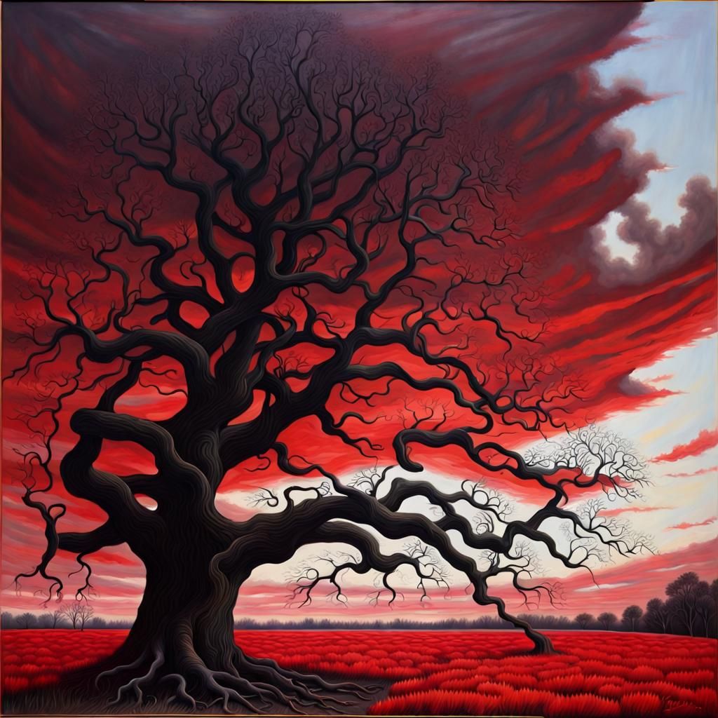 Hyperrealistic Oil Painting: Old Tree with Red Sky