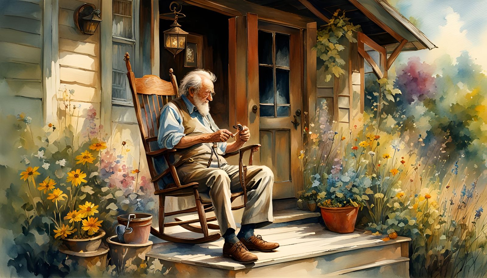 Contented Grandpa on Cottage Porch in Folk Art Style