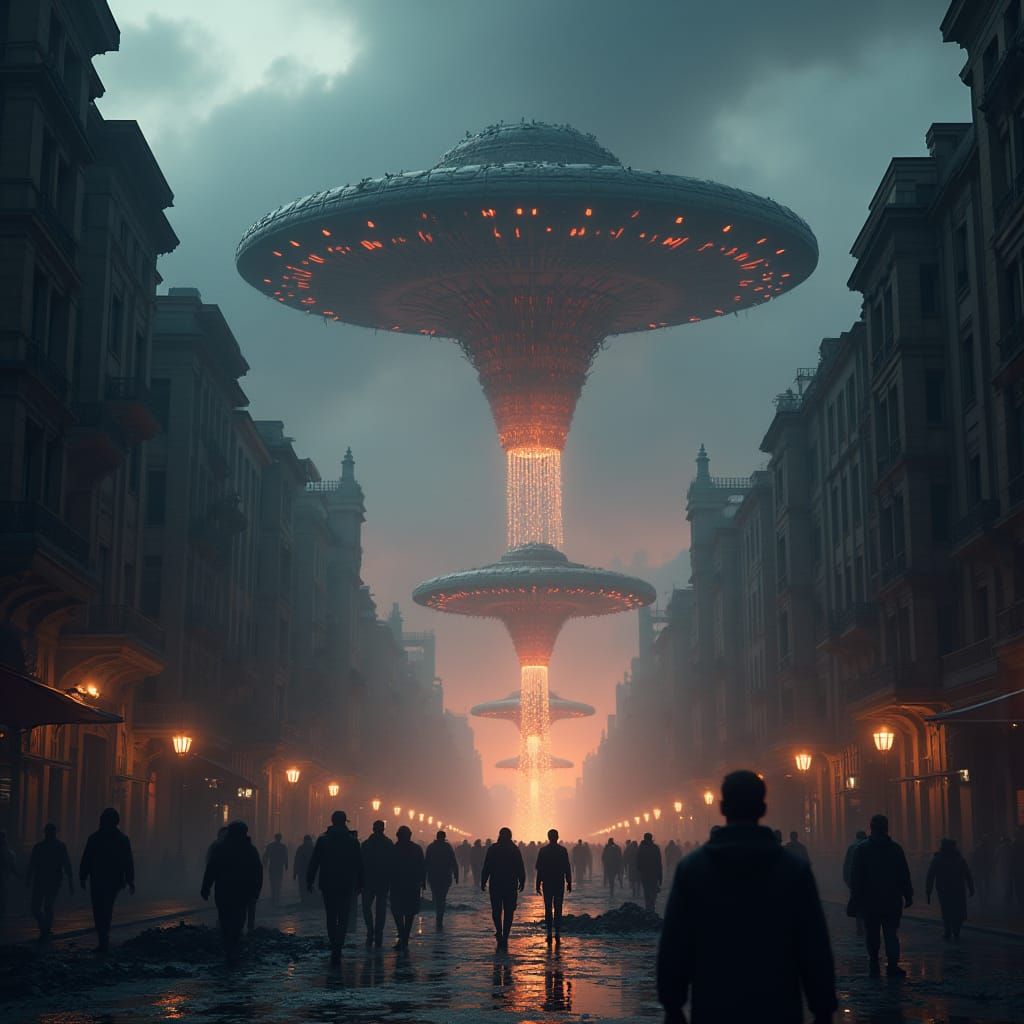 Biomechanical Alien Ships Over Dark Metropolis, 3D Render