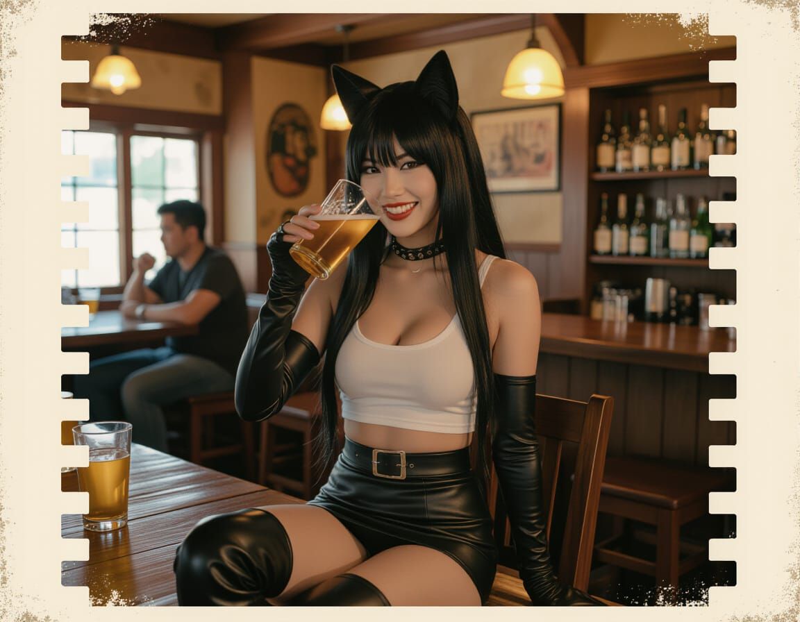 Kitsune Woman Enjoys Drink at Tavern Cinematic Film Still