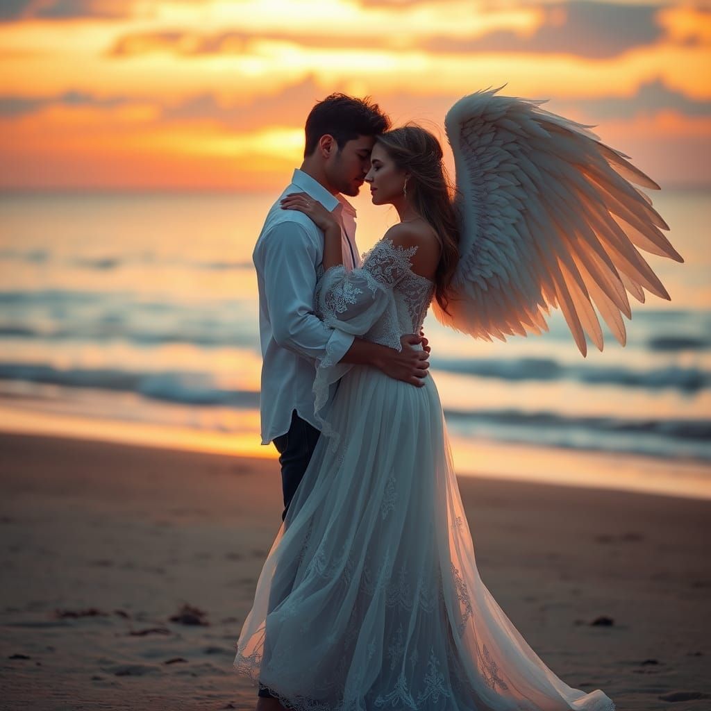 Ethereal Beach Sunset: Angelic Couple in Love