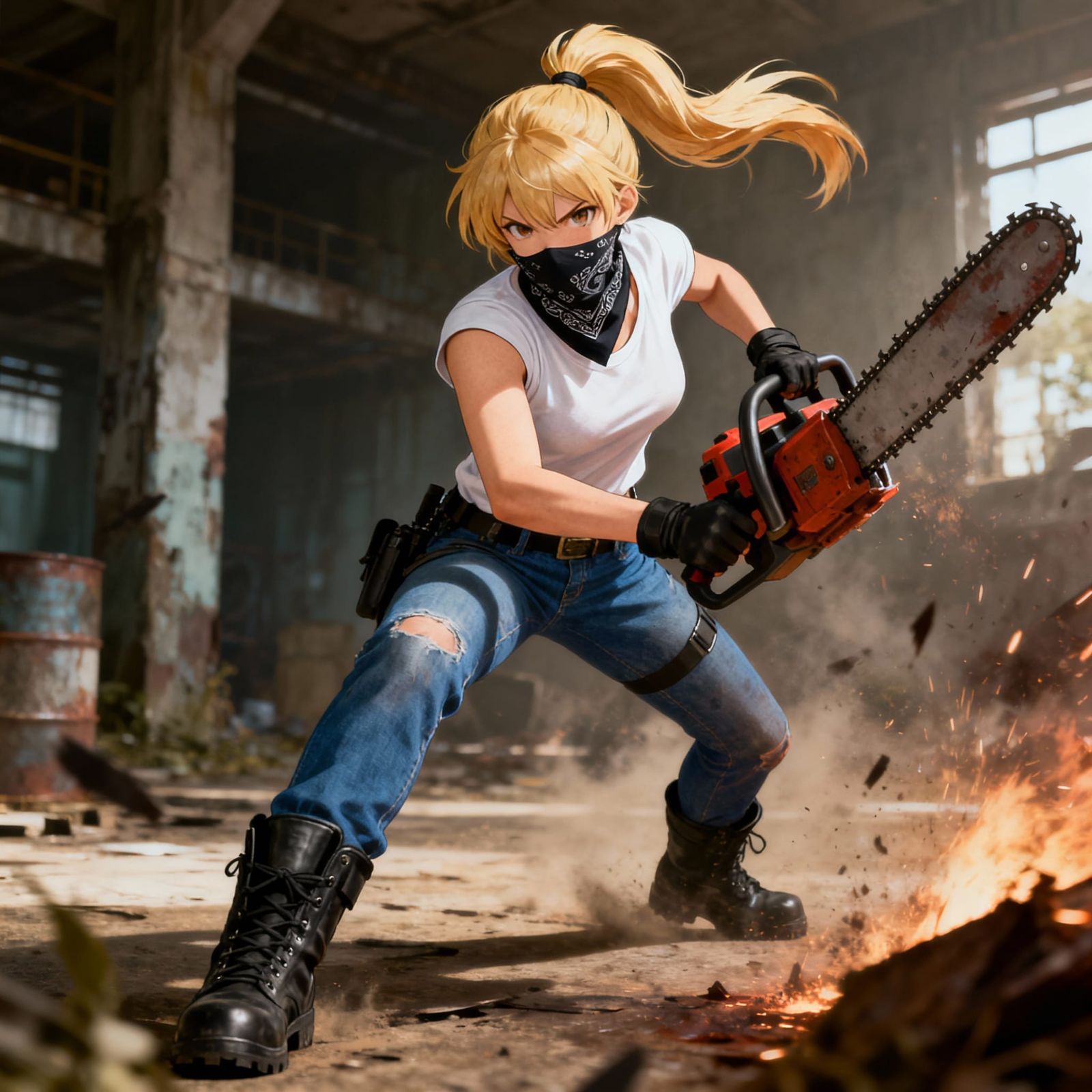 Fierce Blonde Woman With Chainsaw in Anime Style