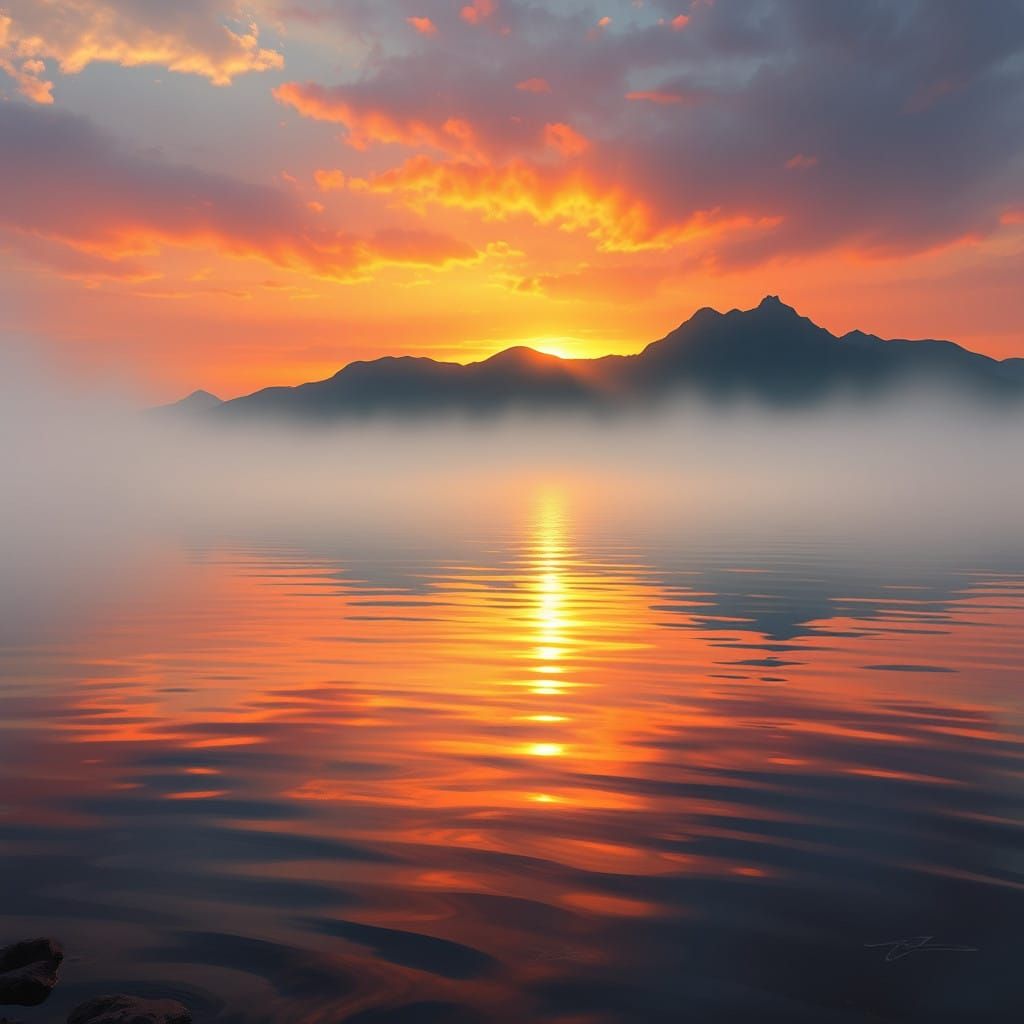 Golden Sunset Over Majestic Black Mountains and Serene Lake