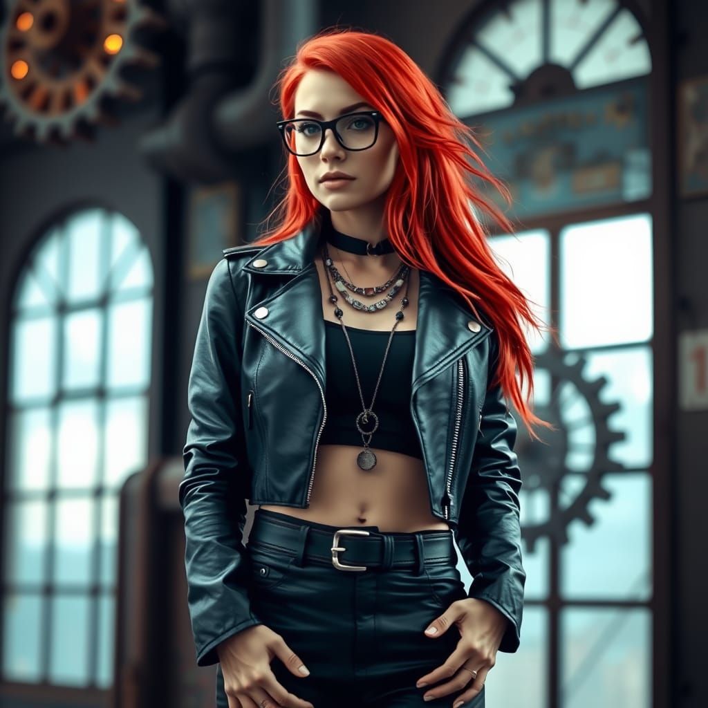 Steampunk Woman with Vibrant Red Hair in Moody Industrial Se...