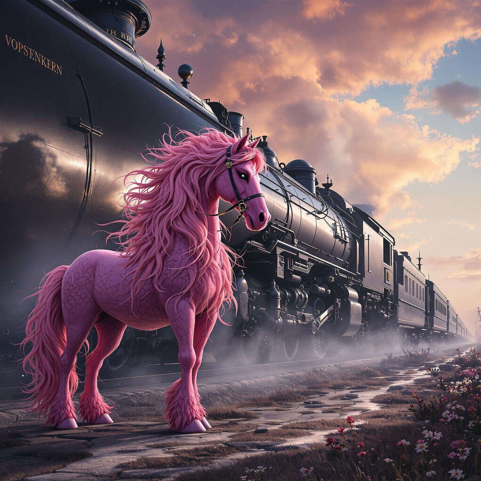 Pink Horse and Black Train Fantasy Concept Art