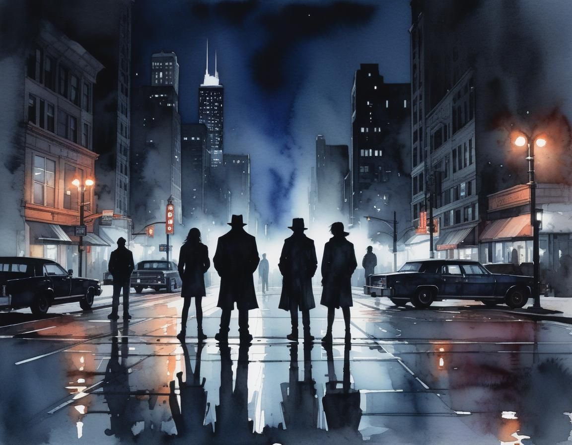 Nighttime Chicago Cityscape in Watercolor