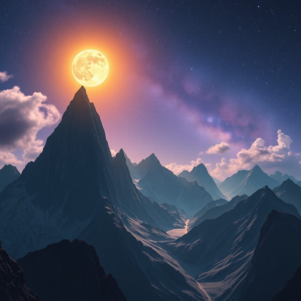 Dramatic Science Fiction Mountain Landscape Under Starry Ski...