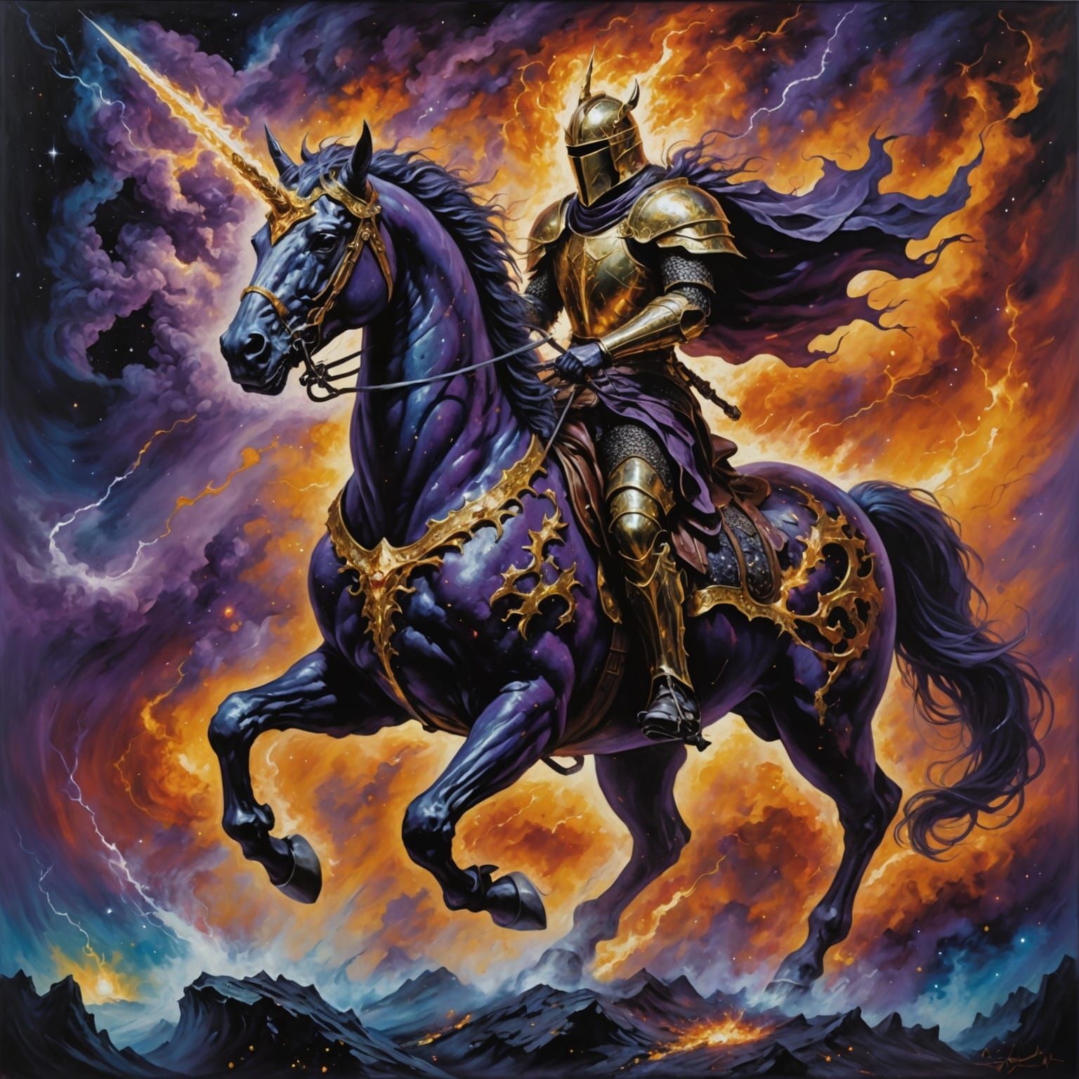 Eldritch Knight on Fiery Unicorn, Oil Painting