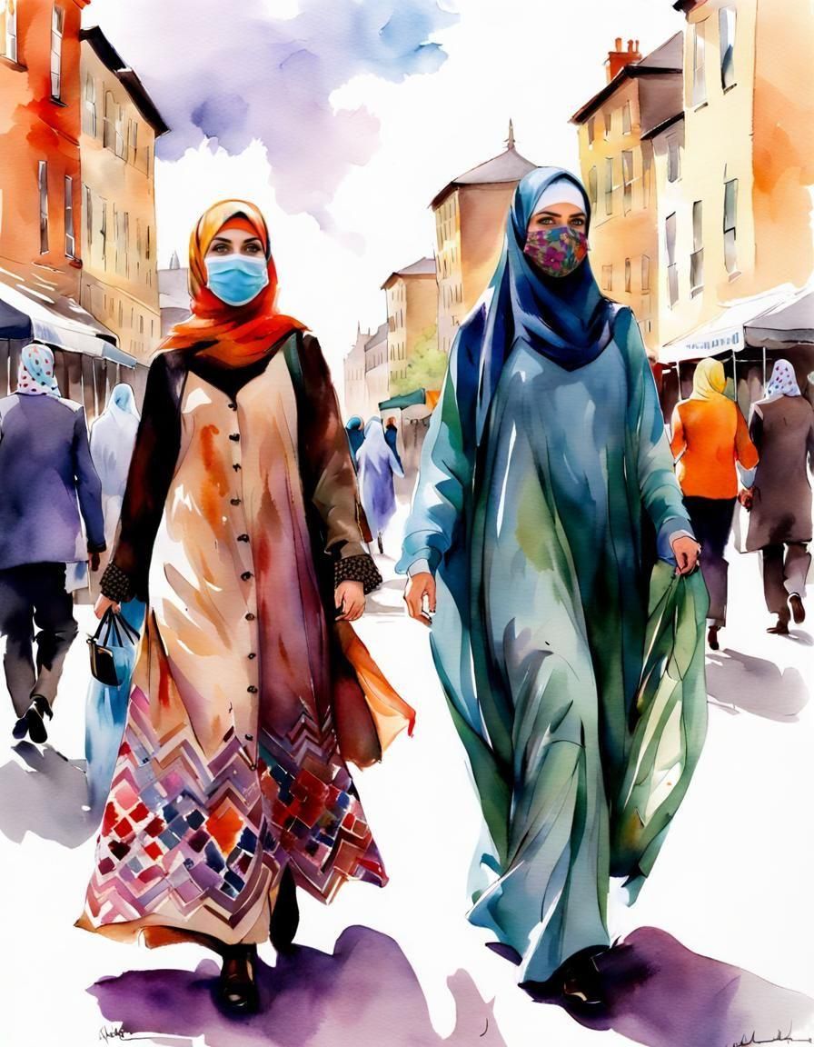 Women in Hijabs Walking in a Vibrant City