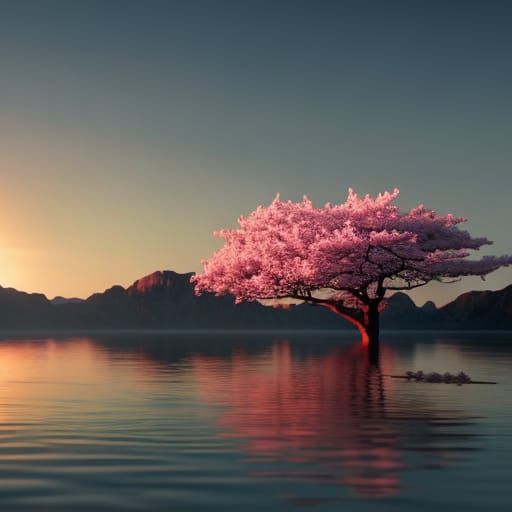 Sakura Flower in Dramatic Sunset Digital Painting