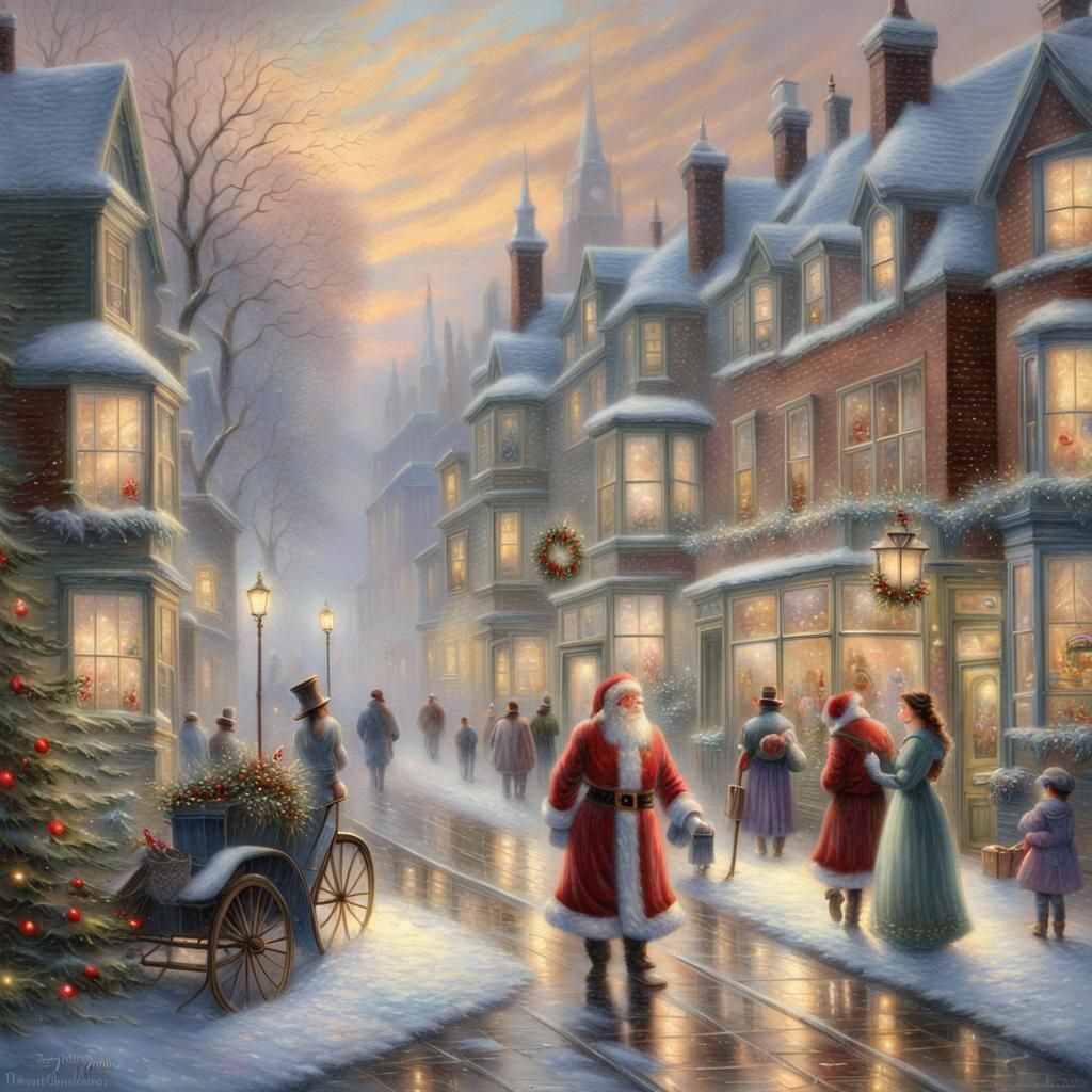 Victorian Christmas Scene: Santa in Misty Street