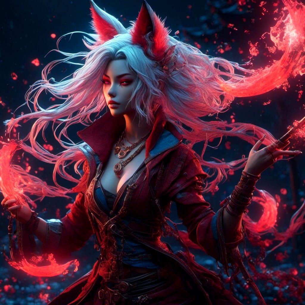 <lora:Fantasy 3d character:1.0> <lora:3D Anime:1.0> Female Kitsune sorceress at night, platinum hair, cerise and dark re...